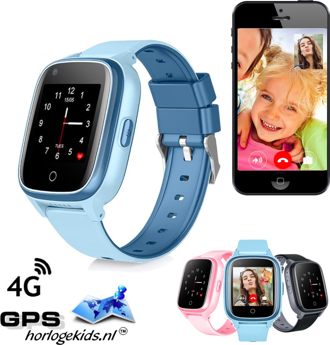 GPSHorlogeKids© - GPS horloge kind - smartwatch voor kinderen - SMS - 4G videobellen - spatwaterdicht - SOS alarm - incl. SIM - SLIM Blauw WhatsApp