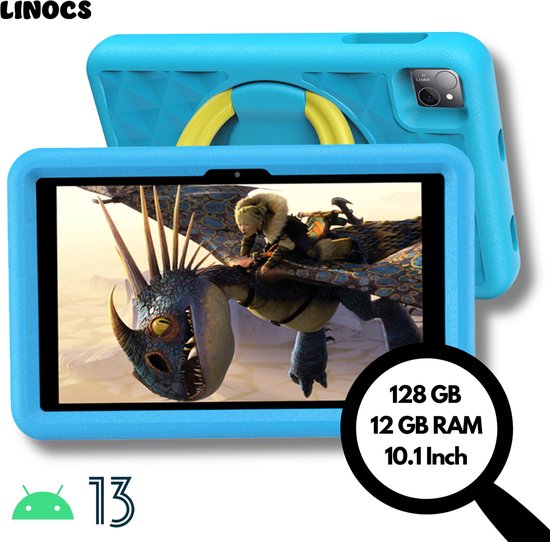 Linocs Kindertablet - Tablet - 10.1 Inch - Vanaf 3 jaar - Android 13 - 128 GB - 12GB RAM - Inclusief accessoires