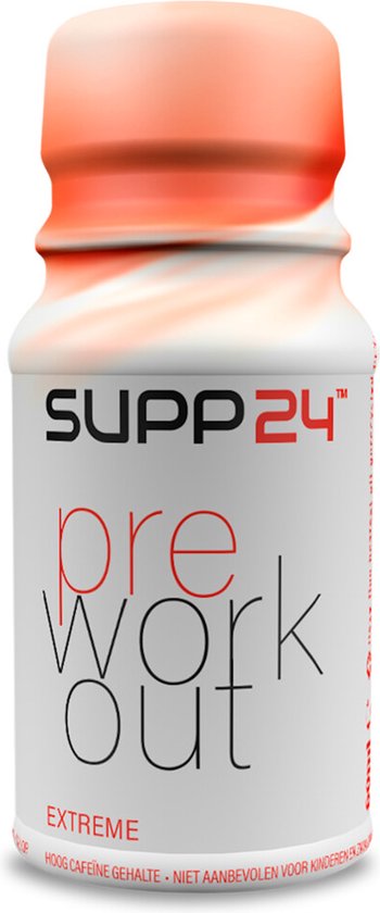 SUPP24 pre-workout drankje met rode en witte draaikolken op de fles, oranje dop.