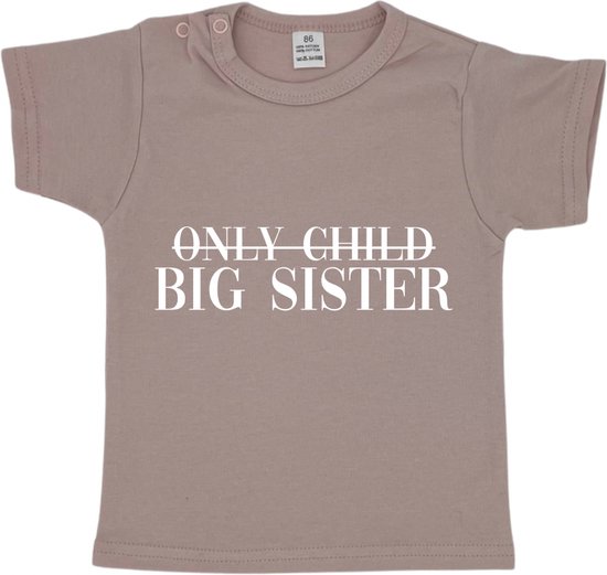 T-shirt korte mouw - Only child / big sister - Roze - Maat 80 - Dreumes - Peuter - Ik word grote zus - Zwangerschap aankondiging - Baby - Zwanger - Geboorte