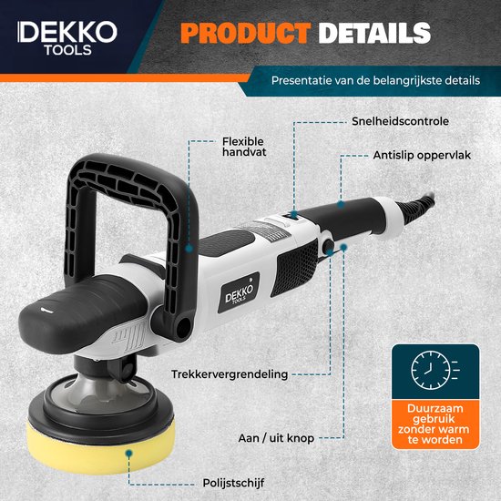 Dekko Tools Polijstmachine - Professionele Poetsmachine - Krachtige 1200W - 17 polijstschijven - 125MM pads - 6 standen