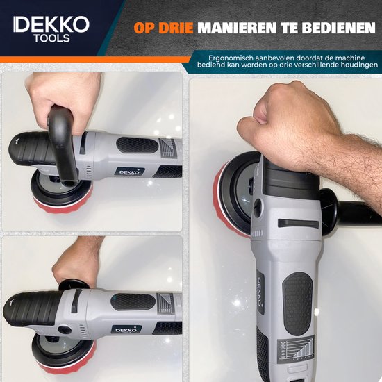 Demonstratie van drie ergonomische manieren om de Dekko Tools polijstmachine vast te houden.