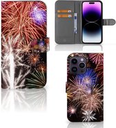 Portemonnee Hoesje Geschikt voor iPhone 15 Pro Max Smartphone Hoesje Kerstcadeau Vuurwerk