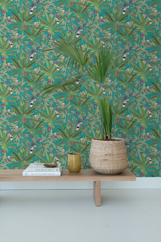 Papier peint ESTAhome feuilles de jungle tropicale et oiseaux de paradis bleu pétrole et vert jungle - 0- 0,53 x 10,05 m