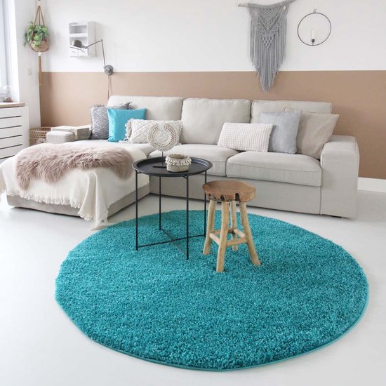 Hoogpolig vloerkleed shaggy Trend effen rond - turquoise 100 cm rond