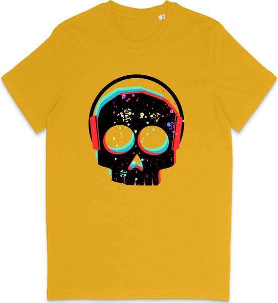 T Shirt Heren Dames - DJ Skull Grafische Print Opdruk - Geel - Maat XL