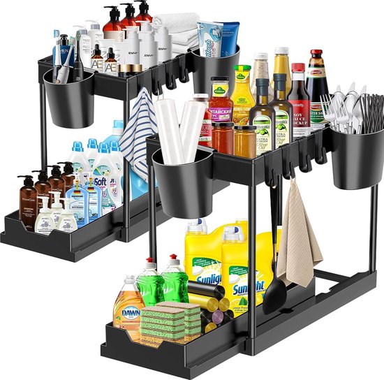 Reinigingsmiddelorganizer Onder De Gootsteen Organizer Keuken Opslag En Organisatie Keukenorganizer Kast Keukenorganizer Met Wieltjes 4 Haken 2 Hangkopjes 2 Etages 2 Etages Zwart