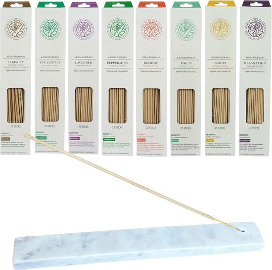 Assortiment 200 stuks etherische incense wierookstokjes 8 heerlijke geuren - 8 x 25 stuks - incl. Marmer wierookhouder