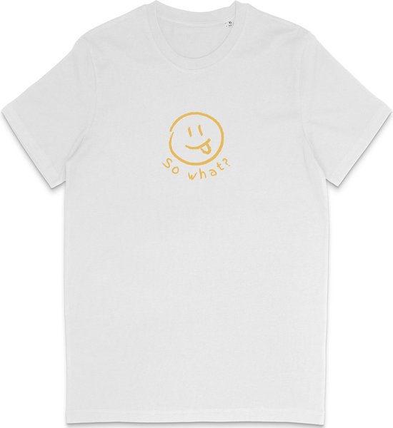 Grappig Heren Dames T Shirt So What? Nou En? - Minimalistische Smiley Print - Wit- S