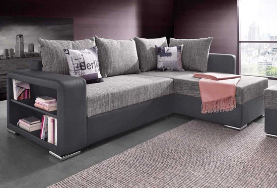 Canapé d'angle Merze Zwart gris avec espace de rangement et fonction lit canapé d'angle forme U