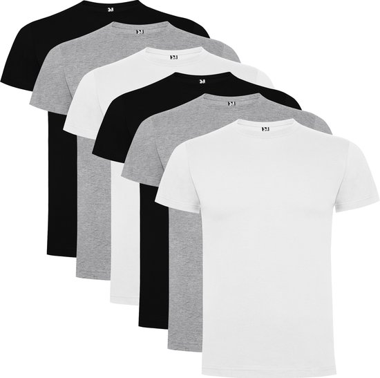 6 Pack Roly Atomic Basic T-Shirt 100% biologisch katoen Ronde hals Wit, Grijs, Zwart Maat XXL