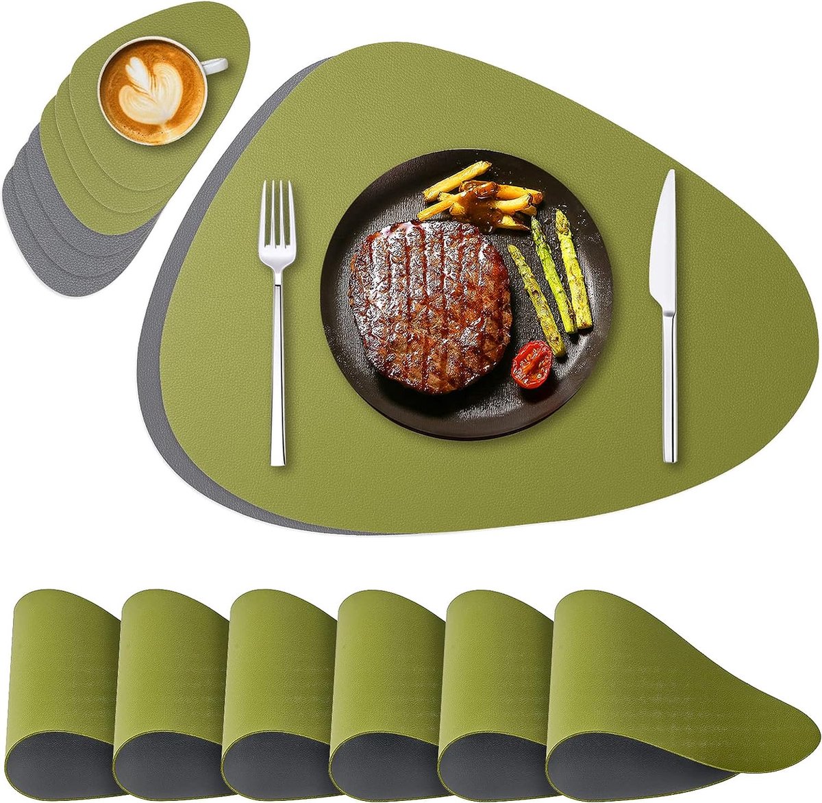 Placemats, afwasbaar, set van 6, afwasbaar, leer, rond, hittebestendig