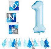 Party pakket eerste verjaardag met ballonbox wit met blauw met ballonnen, tassel slinger en folie ballon 1 - cakesmash - ballonbox - eerste verjaardag