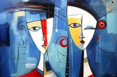 JJ-Art (Canvas) 60x40 | Man en vrouw, modern surrealisme, Picasso, Herman Brood stijl, abstract, rood, blauw, bruin, kunst | kleurrijk, stijlvol, modern | Foto-Schilderij canvas print (wanddecoratie)