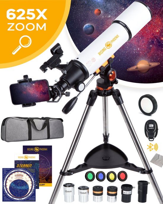 RP® Telescoop 625x Zoom Sterrenkijker incl 4 lenzen en Filterset - Volwassenen / Gevorderden - Verstelbaar Statief - Afstandsbediening, Planisfeer, Leerboek en Smartphone Adapter + Poster - Wit