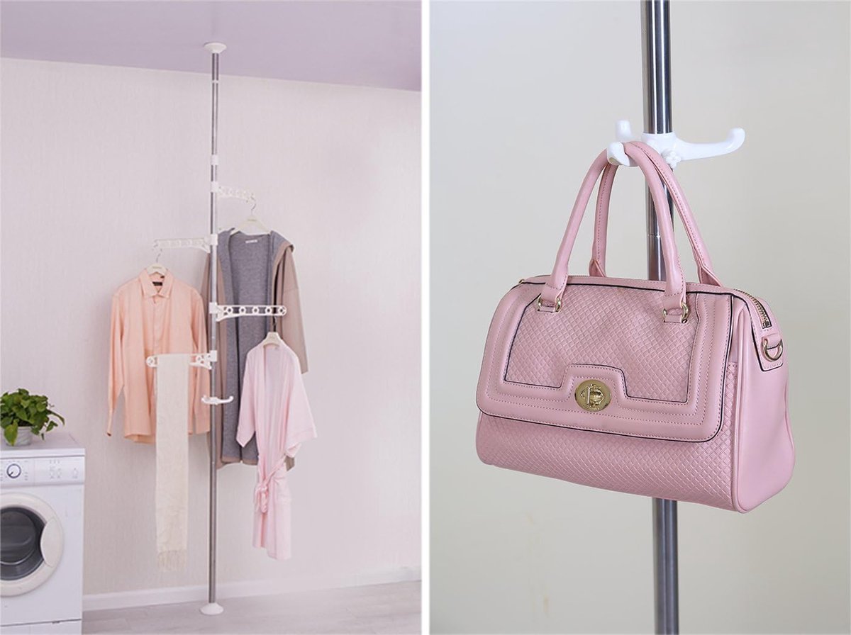 Goedkoopste 4-traps staand wasrek, kledinghanger, organizer, vloer tot aan het plafond, verstelbare metalen hoekspanning, polen, hangend rek, ivoor