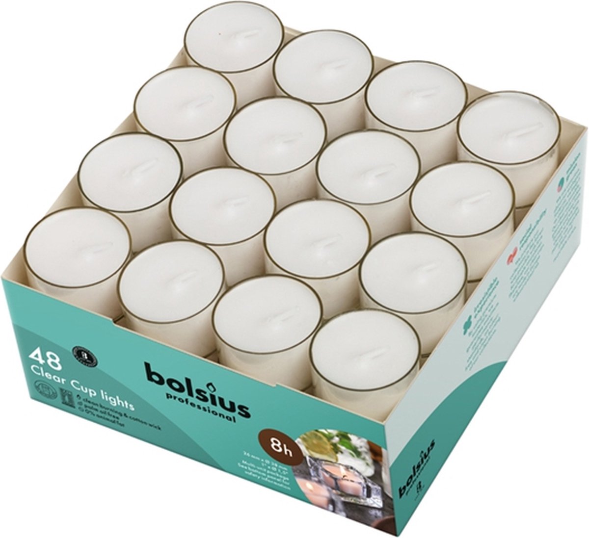 288 stuks Bolsius witte (8 uur) waxinelichtjes in transparante clear cups