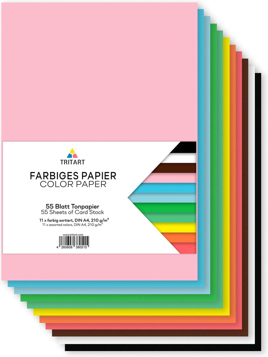 Tritart - Gekleurd papier A4, 210 g/m², 55 vellen stevig knutselpapier, volledig gekleurd, stabiel creatief gekleurd karton om te knutselen, fotokarton 11 kleuren, doe-het-zelf gekleurd gekleurd papier, knutselkarton