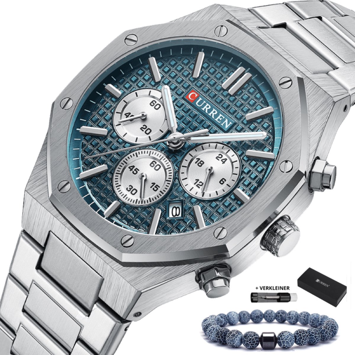 Curren - Horloge Heren - Cadeau voor Man - Horloges voor Mannen - 43 mm - Zilver Blauw