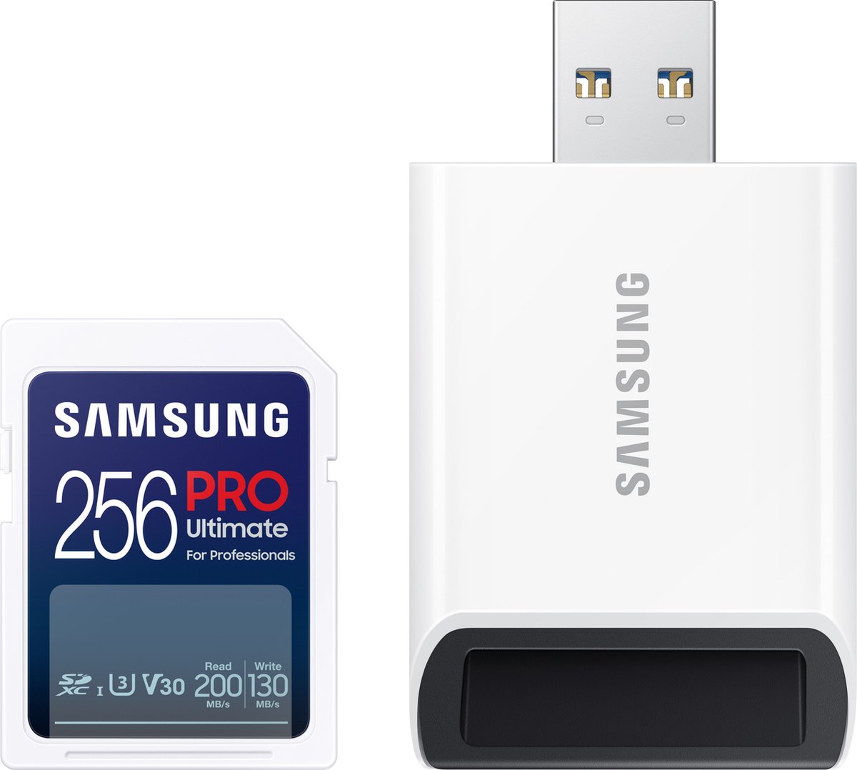 SAMSUNG Samsung PRO Ultimate met kaartlezer – SD kaart 256 GB – 200 & 130 MB/s – Geheugenkaart camera
