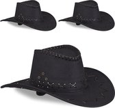 Relaxdays cowboyhoed - set van 3 - western hoed - carnaval - verkleedhoed - stof - zwart