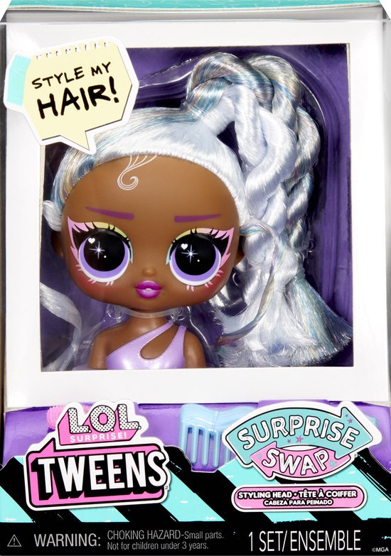 LOL Surprise Tweens stylinghoofd met lang, zilvergrijs gevlochten haar, donkere huid, grote ogen en paarse top.