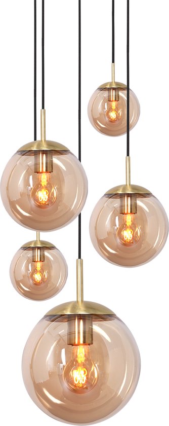 Glazen vide hanglamp Bollique | 5 lichts | amber / goud / zwart | glas ...