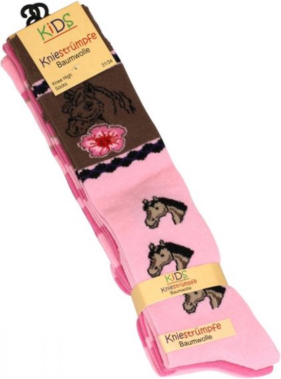 Kniekousen - Paardenmotief - 3 Paar - Roze - Maat 23/26