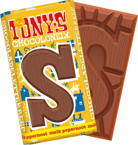 Foto: Tony s chocolonely chocolade letter s melkchocolade pepernoot reep sinterklaas cadeau schoencadeautje sint fairtrade belgische chocolade 180 gram