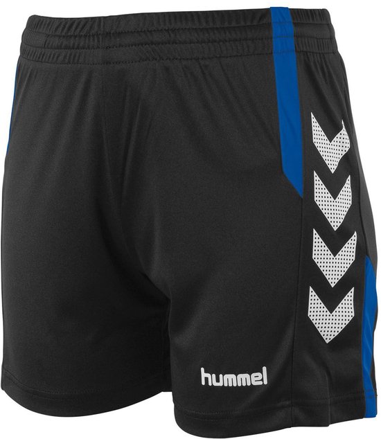 Zwarte sportbroek voor dames met blauwe en witte chevrons op de zijkant. hummel logo.