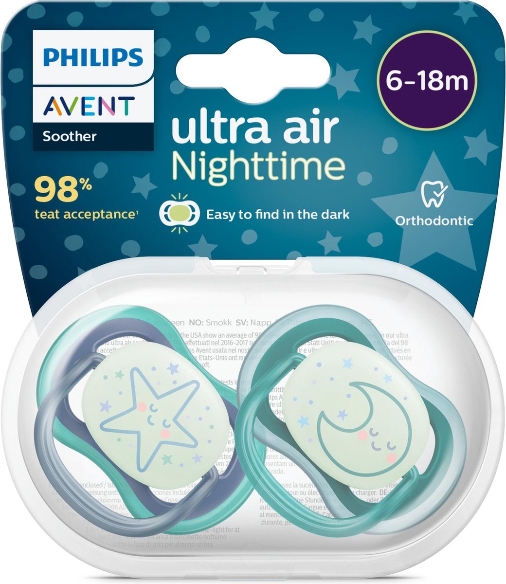 Goedkoopste Philips Avent Ultra Air Nighttime Glow in the Dark Fopspeen - 6 tot 18 Maanden - 2 Speentjes - Donkerblauw/Donkergroen Ster/Maan - SCF376/13