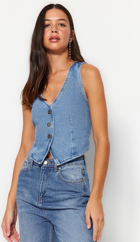 Trendyol Blauw V-Hals Getailleerd Denim Vest Twoss23Ye00036