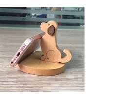 Houten beeldje - Natuurlijk hout - Beeld - Decoratief - Hout - Gsm houder - Zittend hond