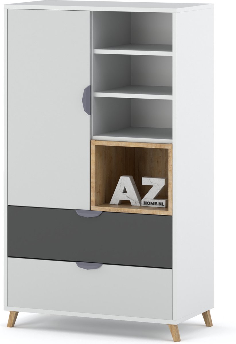 AZ-Home - Dressoir Joker 5- Wit - Grijs - 80 cm - Kast - Commode - Boekenkast
