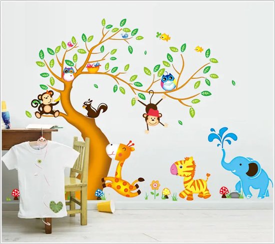Muursticker-Muurdecoratie-Wanddecoratie-Babykamer-Kinderkamer-Slaapkamer-Giraffe-Vogels-Olifant-Zebra-Dieren-60x90cm