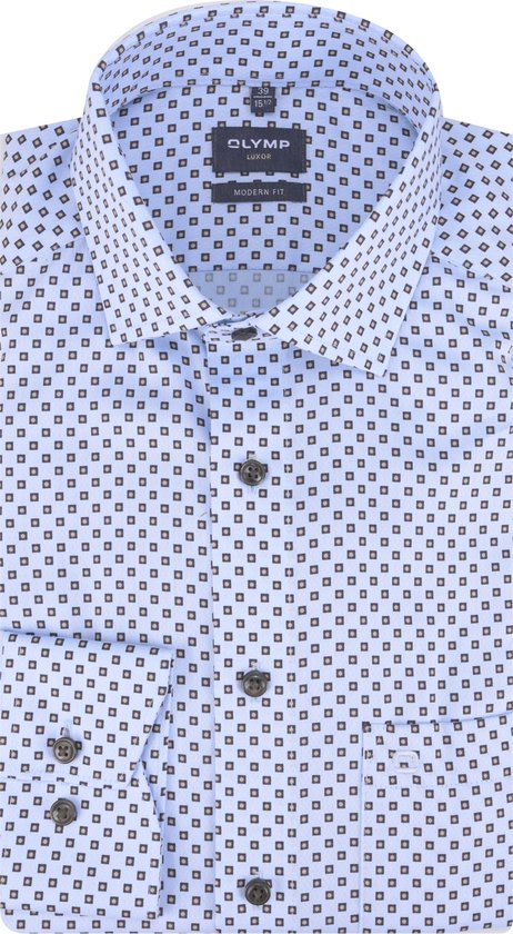 OLYMP modern fit overhemd - structuur - blauw met beige dessin - Strijkvrij - Boordmaat: 40