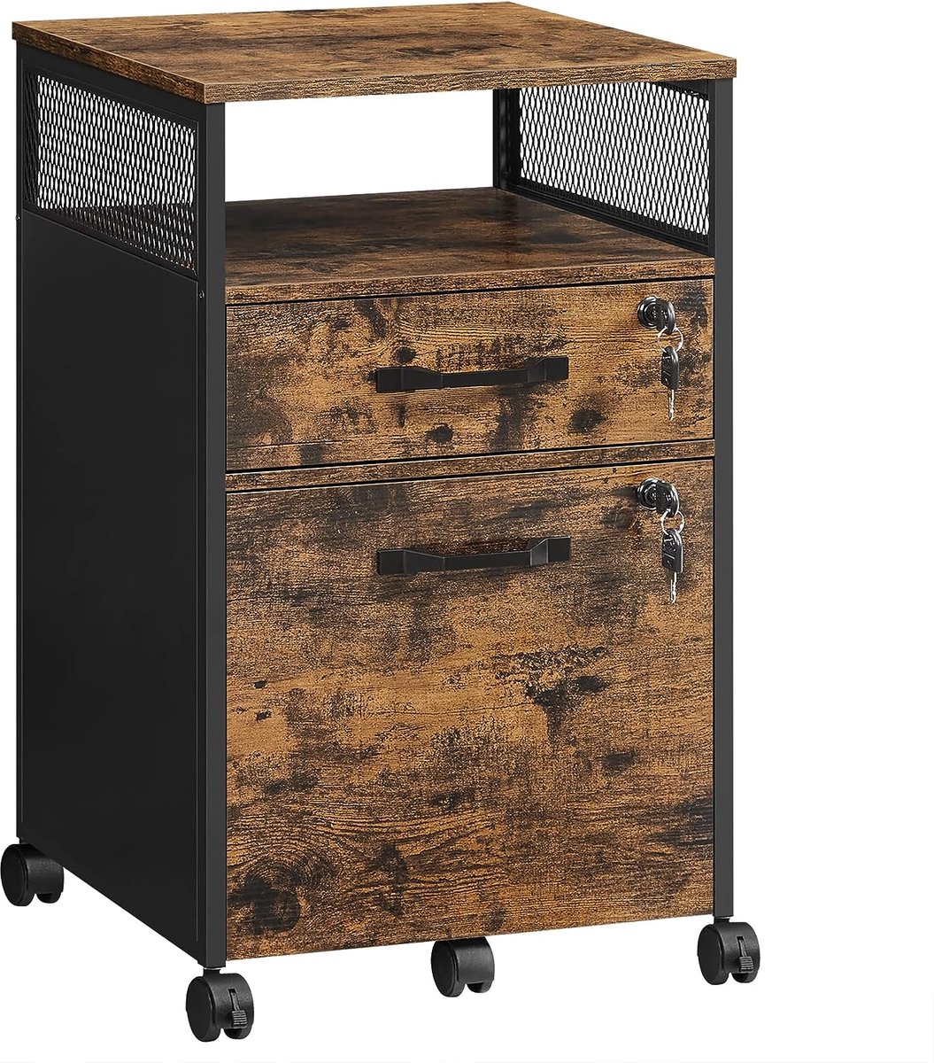Furnstar Verrijdbare Archiefkast met 2 Afsluitbare Laden – Industrieel Design – Commode - Met slot - 44x42x69cm - Bruin/Zwart