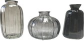 Cactula set van 3 flesjes / vaasjes van glas in 3 tinten grijs 7 x 11 cm
