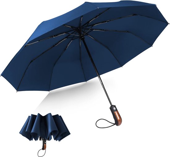 Paraplu dames & heren, zakparaplu stormbestendig winddicht stabiel versterkt XL automatisch tot 140 km/u met 10 roestvrijstalen baleinen & teflon coating voor op reis buiten klein, blauw
