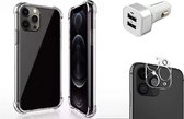 OneOne Camera lens protector, hoesje en autolader. 24 Watt auto oplader met 2 poorten kleur wit, Shock Corner Case en camera protector van glas zijn volledig transparant. Geschikt voor iPhone 11 Pro Max.
