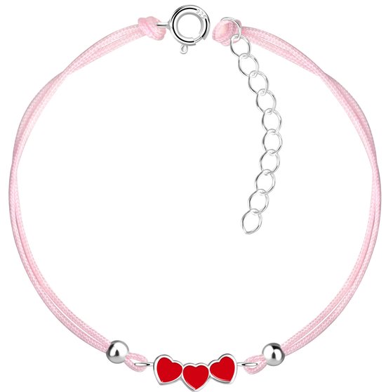 Joy|S - Zilveren hartje bedel armband - rode hartjes bedel sterling zilver 925 - roze koord - th23