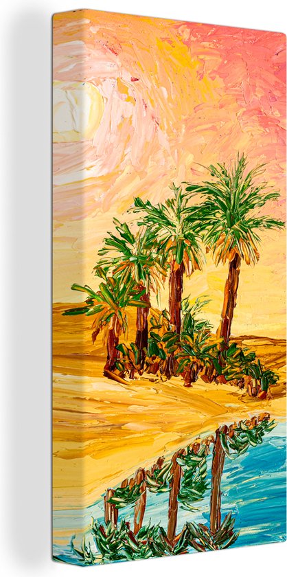 Canvas - Olieverf - Schilderij - Oase - Palmbomen - Woestijn - 20x40 cm - Schilderijen op canvas - Woondecoratie