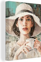 Canvas - Schilderij - Olieverf - Vrouw - Koffie - Hoed - 120x160 cm - Schilderijen op canvas - Interieur