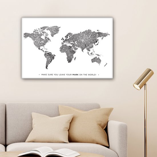 Wereldkaart en toile - Citation - Empreinte digitale - 180x120 cm - Décoration murale