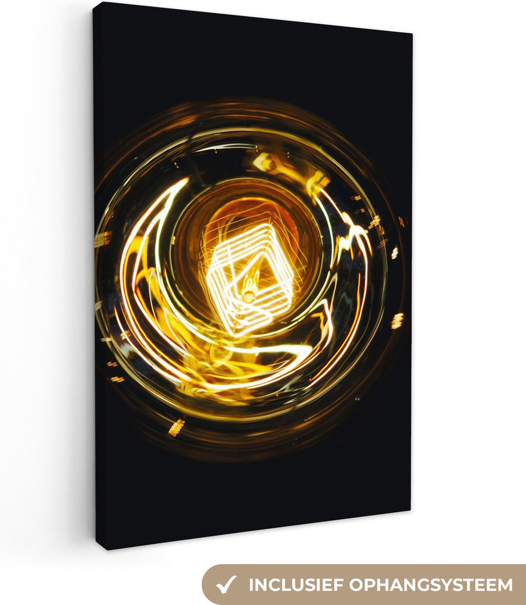 Canvas schilderij 40x60 cm - Wanddecoratie Gloeilamp - Goud - Zwart - Luxe - Muurdecoratie