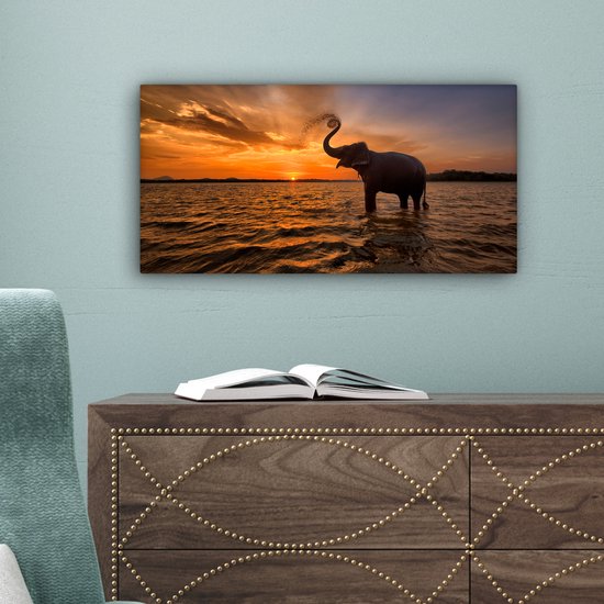 Toile - Éléphant - Coucher de soleil - Water - Décoration murale - 40x20 cm - Peintures sur toile - Toile canvas