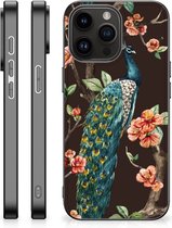 Siliconen Back Cover Geschikt voor iPhone 15 Pro Max Telefoon Hoesje met Zwarte rand Pauw met Bloemen