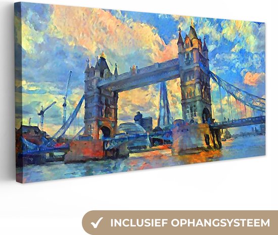 Canvas - Olieverf - Schilderij - Londen - Brug - Water - 40x20 cm - Muurdecoratie - Wonen