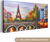 Canvas - Schilderij - Parijs - Water - Eiffeltoren - Stad - Olieverf - 80x40 cm - Muurdecoratie - Interieur