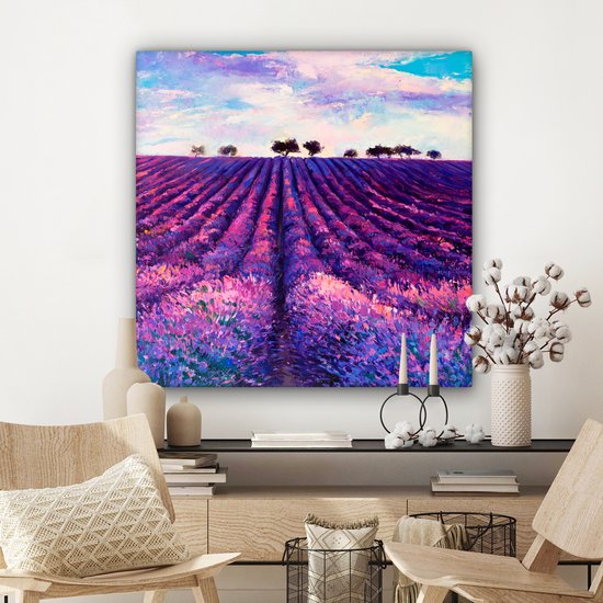 Toile - Huile - Fleurs - Lavande - Peinture - Violet - 90x90 cm - Décoration murale - Intérieur